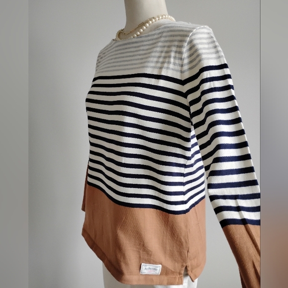 Talbots Cotton Breton Stripe Top Navy Cream Camel Classic Nautical Size M Petite - Picture 7 of 14